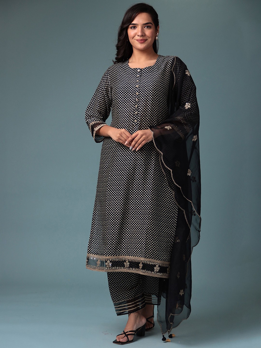 

ZARI Bandhani Printed Thread Work Kurta with Trouser & Dupatta, Black
