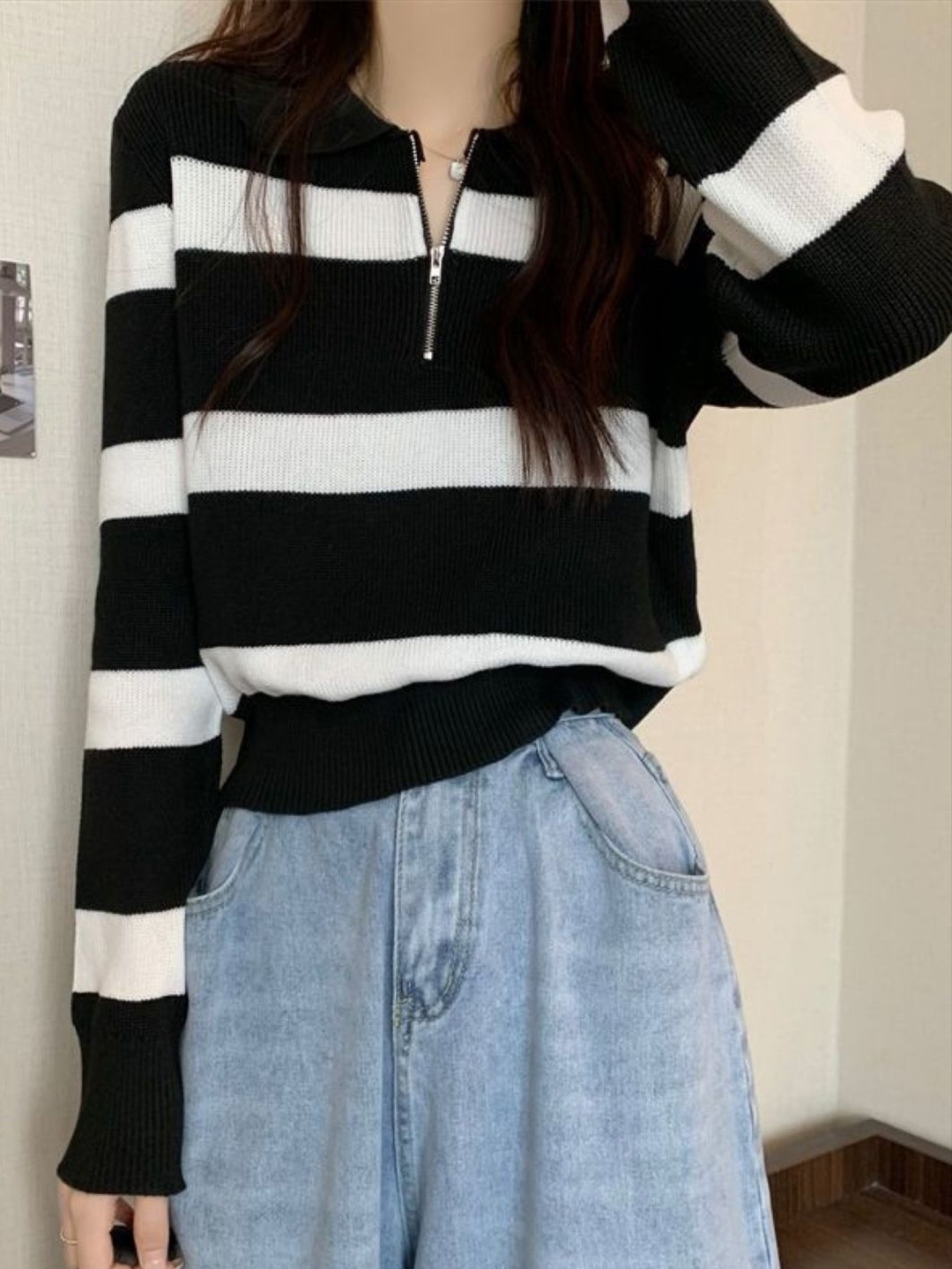 

HERE&NOW Women Striped Extended Sleeves Cotton Top, Black
