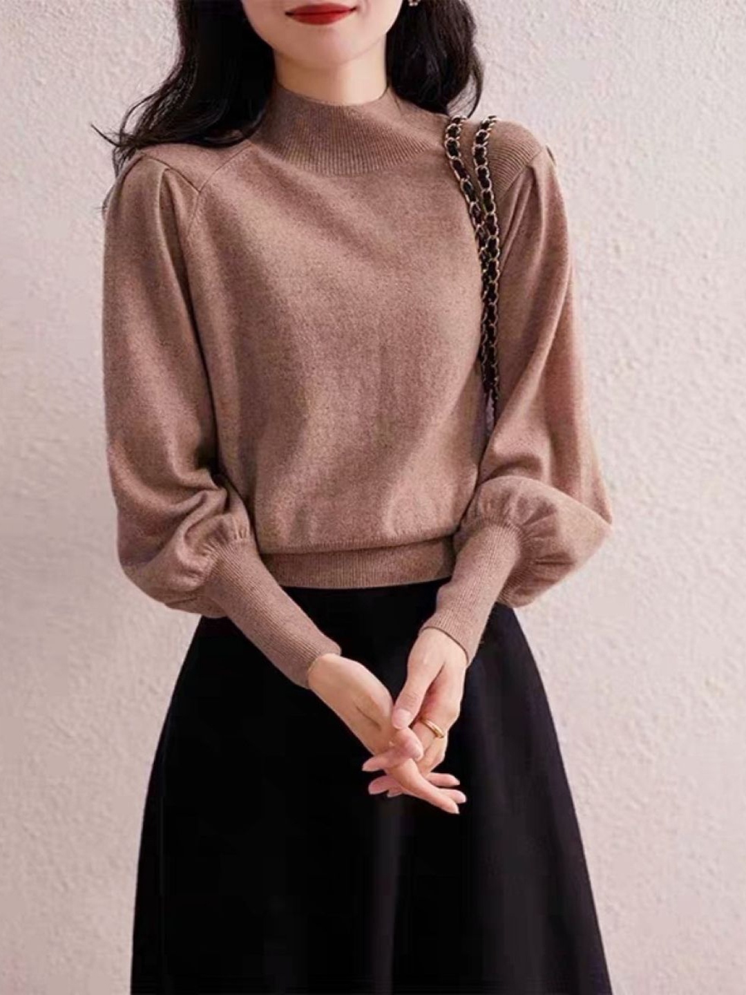 

HERE&NOW Women High Neck Puff Sleeves Top, Brown