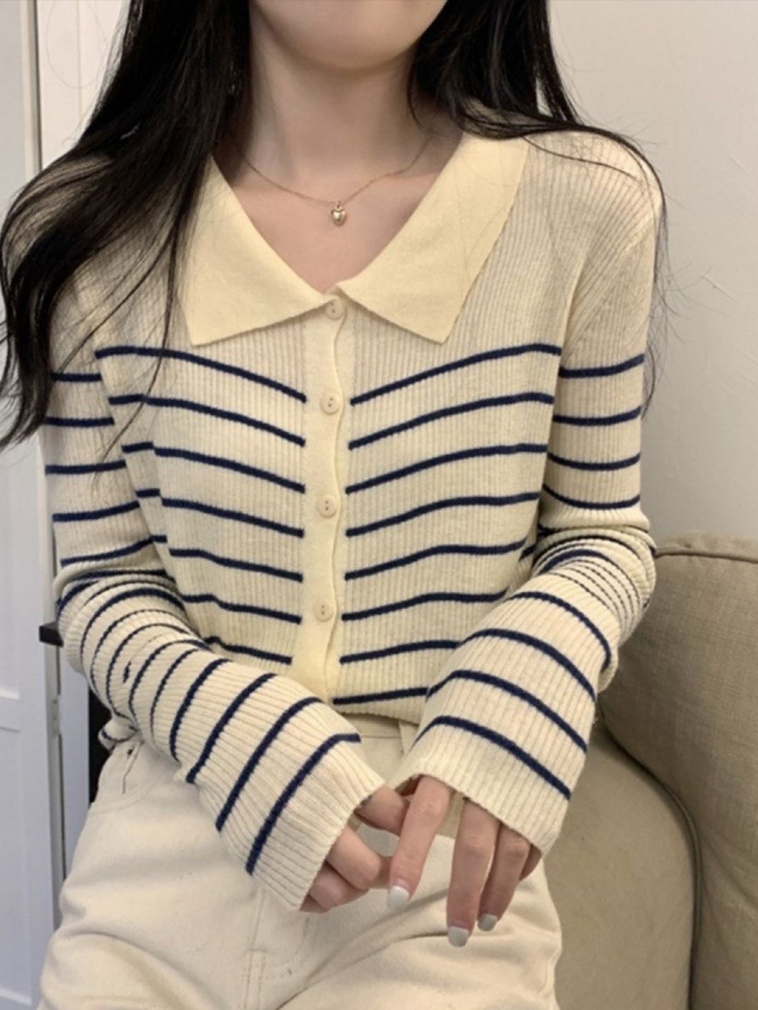 

HERE&NOW Women Striped Shirt Collar Extended Sleeves Top, White