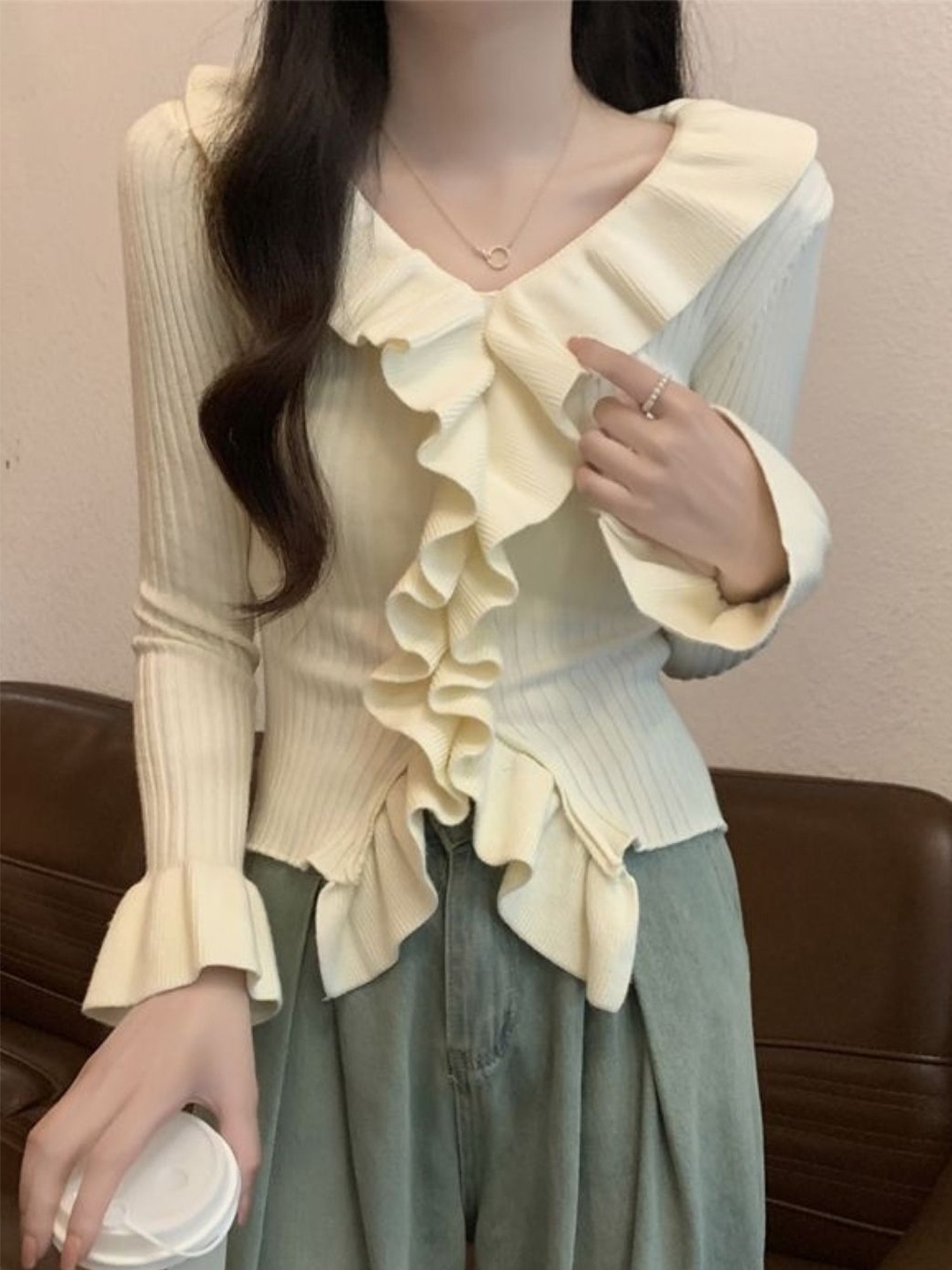 

KPOP Ruffles V-Neck Long Sleeves extended Sleeves Top, Khaki