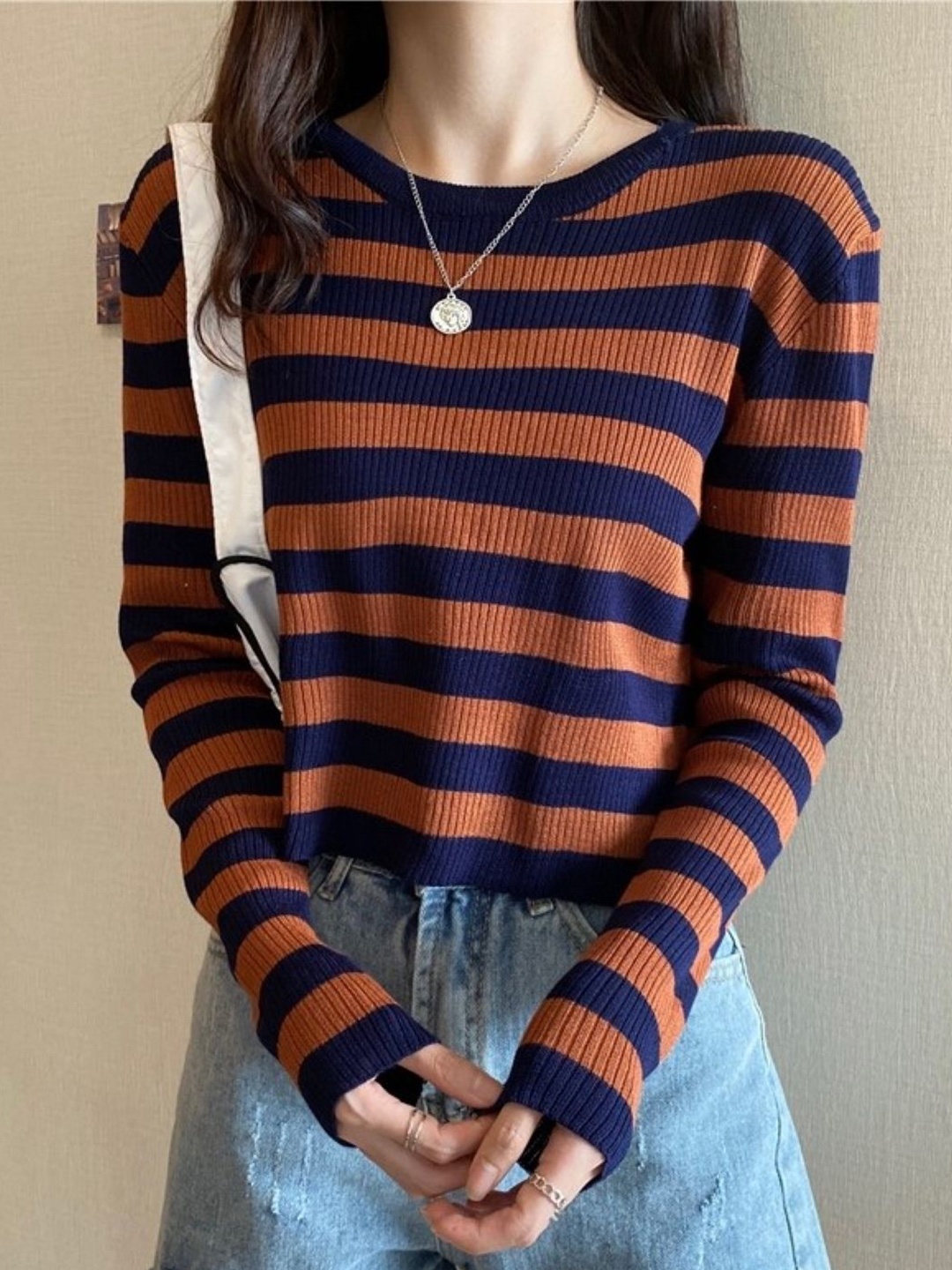 

HERE&NOW Women Striped Extended Sleeves Top, Brown
