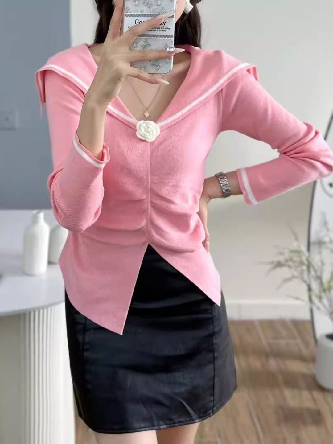 

KPOP Women V-Neck Long Sleeves Top, Pink