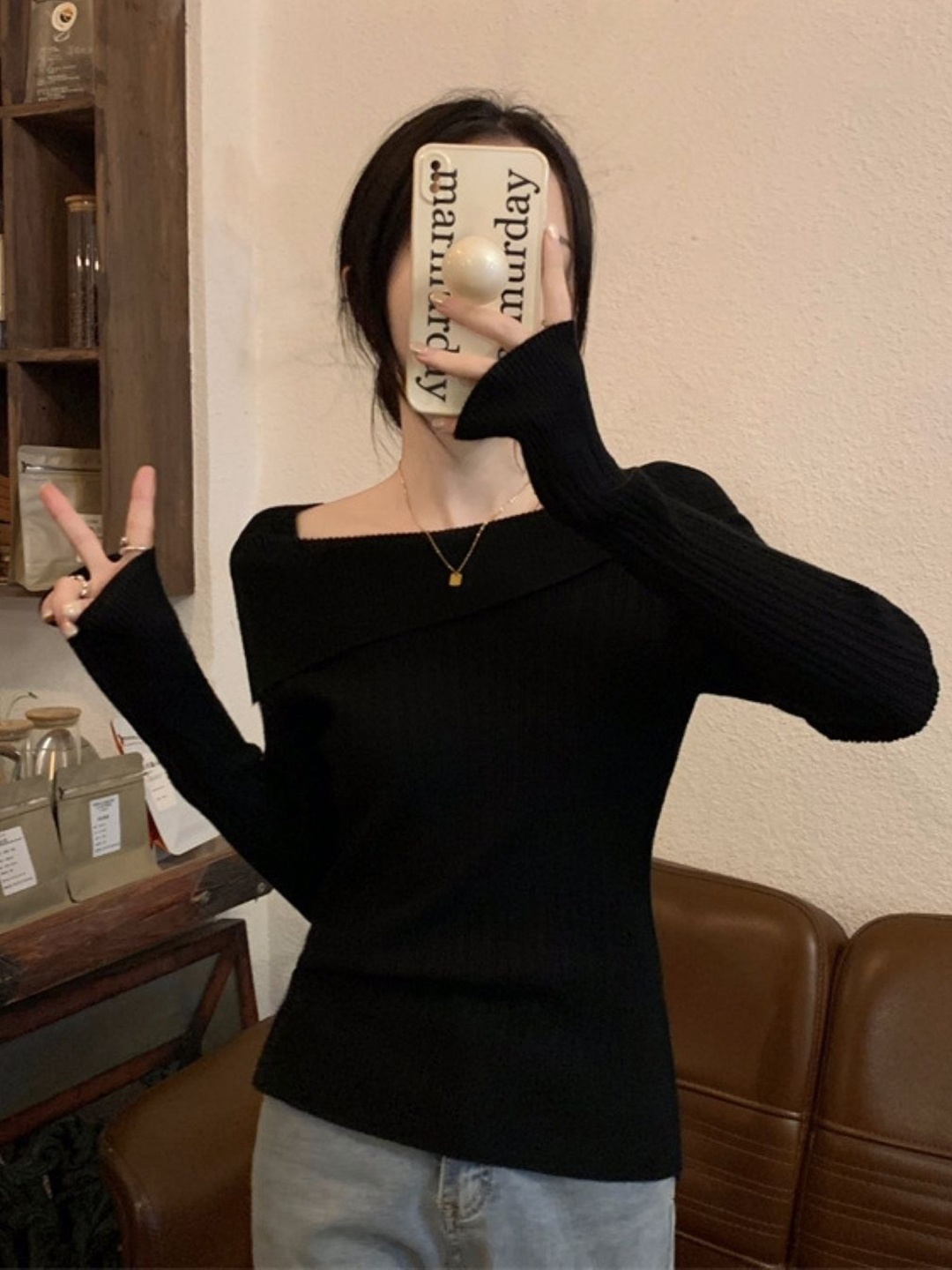 

HERE&NOW Women Boat Neck Long Extended Sleeves Casual Top, Black