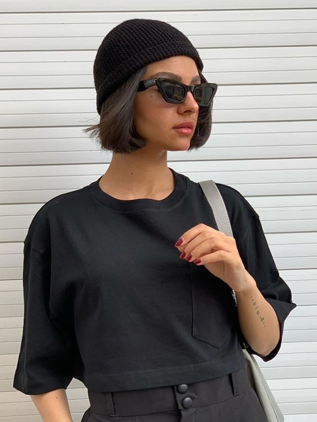 

HERE&NOW Women Round Neck Crop Top, Black