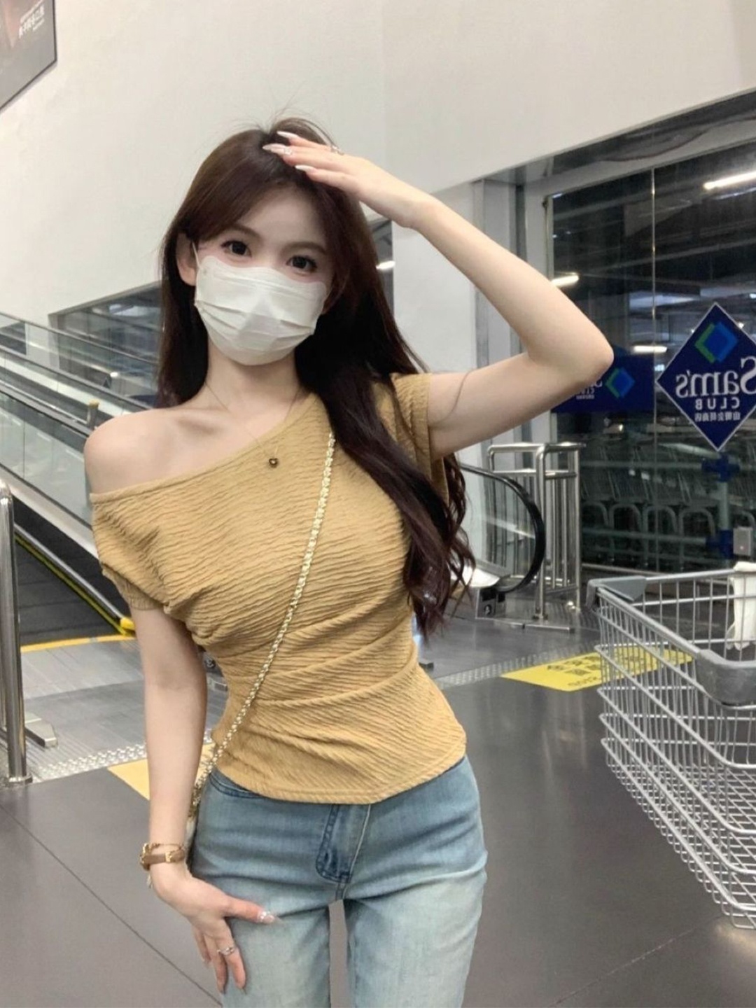 

KPOP One Shoulder Short Sleeve Top, Yellow