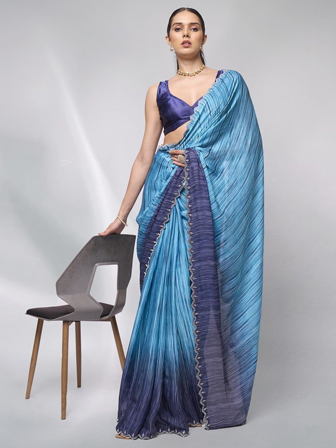 

Mitera Embellished Beads and Stones Satin Ready to Wear Saree, Navy blue