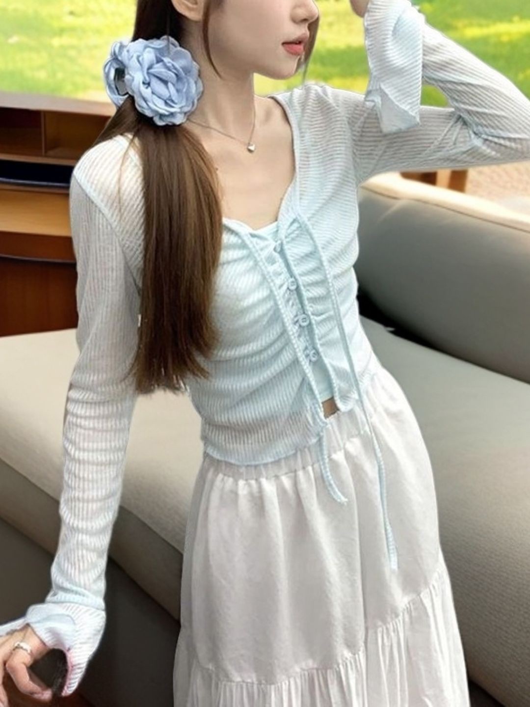 

KPOP Women Cotton Tie-Up Neck Extended Sleeves Top, Blue
