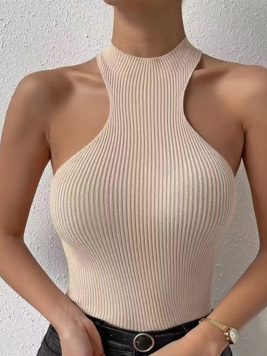 

KPOP Women Round Neck Sleeveless Fitted Top, Khaki