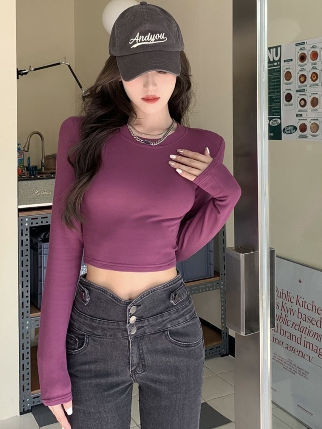 

HERE&NOW Women Extended Sleeves Crop Top, Purple