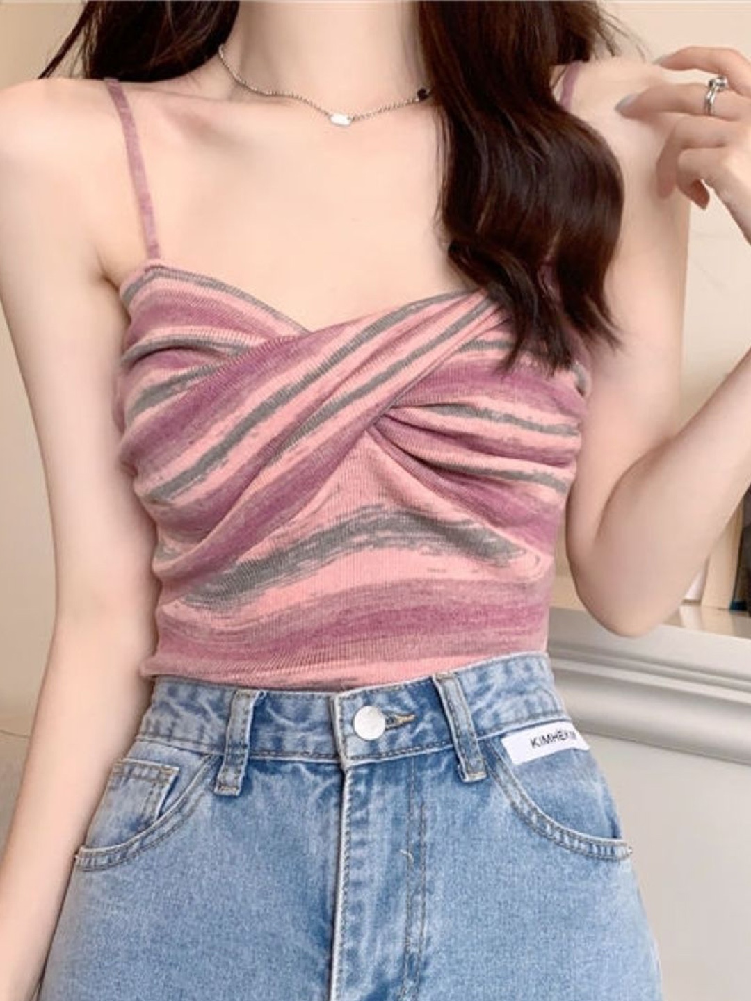 

HERE&NOW Women Shoulder Straps Striped Woollen Top, Brown