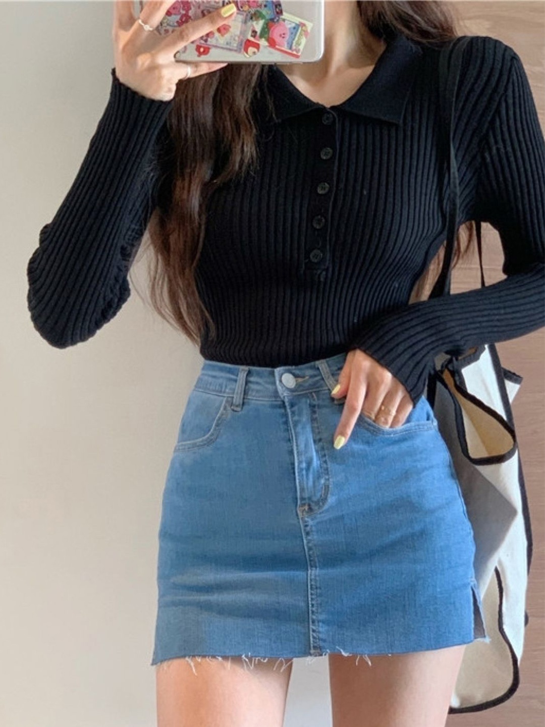 

HERE&NOW Women Striped Shirt Collar Extended Sleeves Top, Black