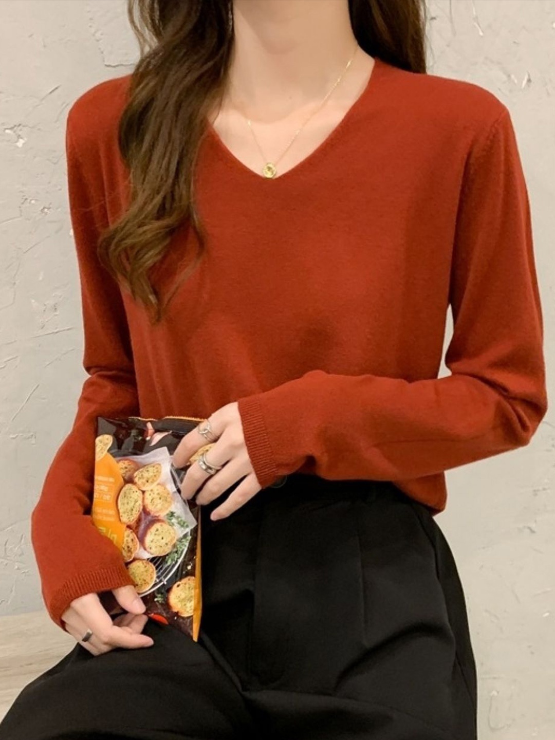 

HERE&NOW Women V - Neck Extended Sleeves Top, Red