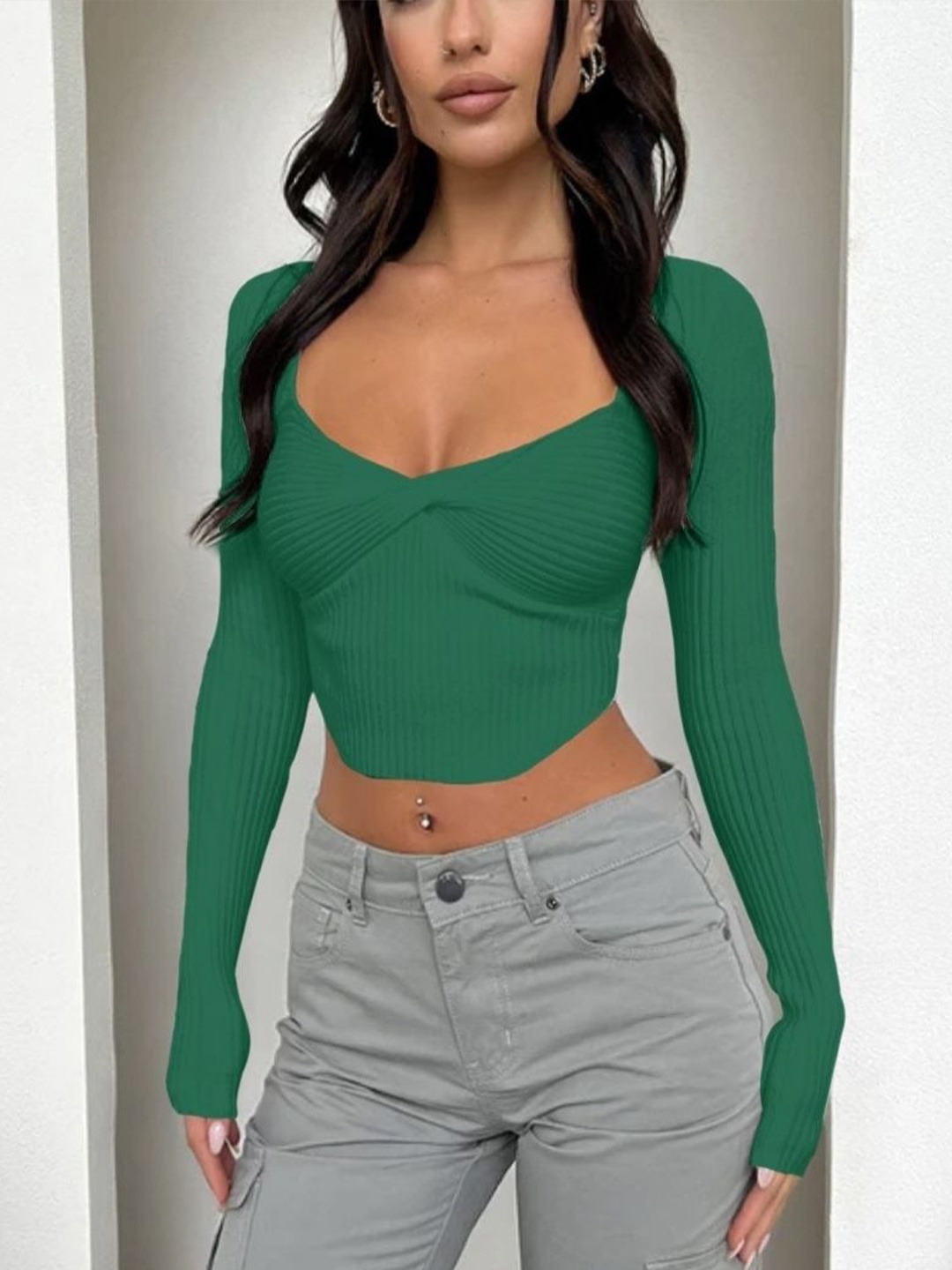 

KPOP Women Extended Sleeves Crop Top, Green
