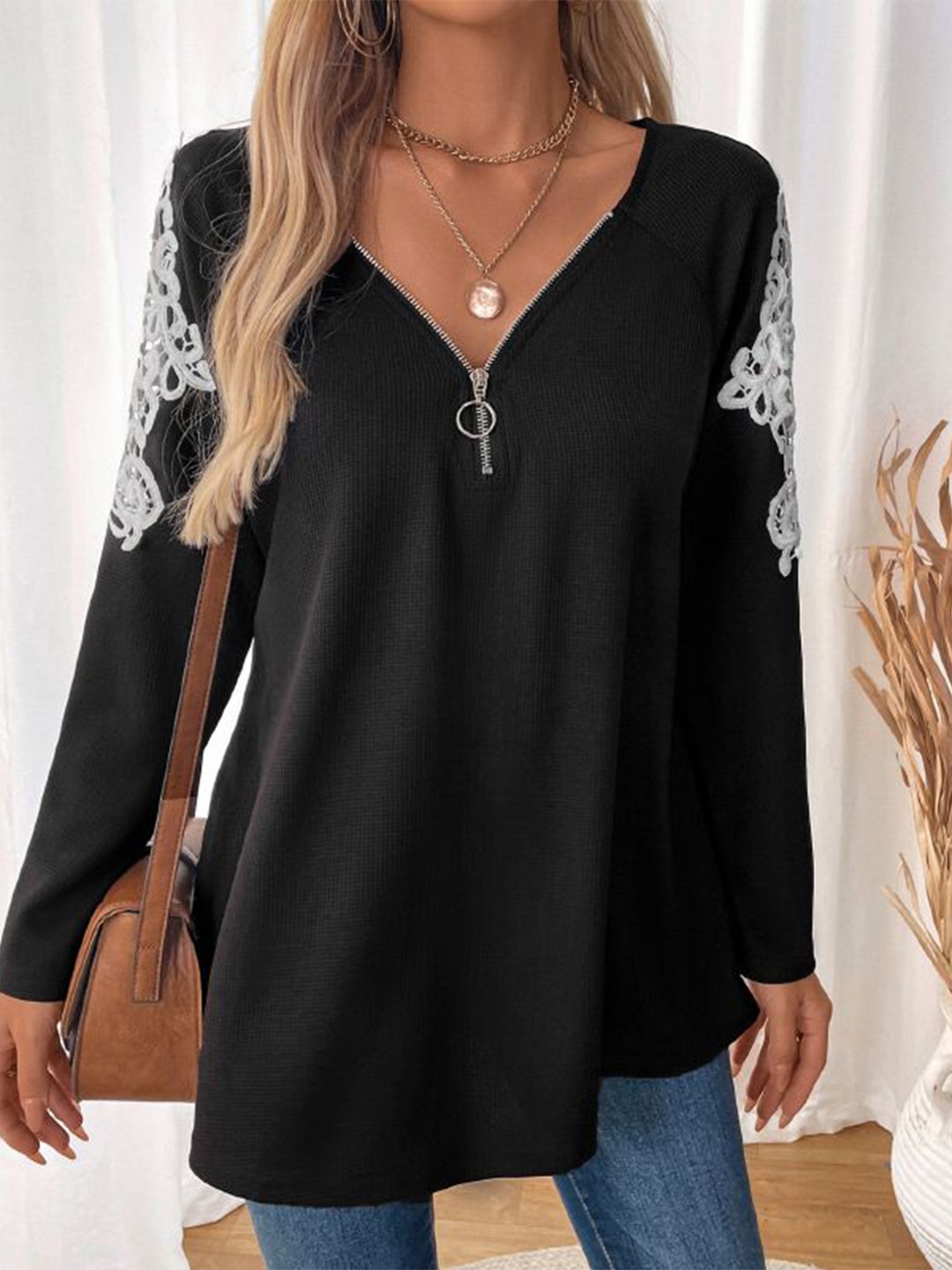 

StyleCast Women Embroidered V-neck Half Zipper Long Sleeves Top, Black