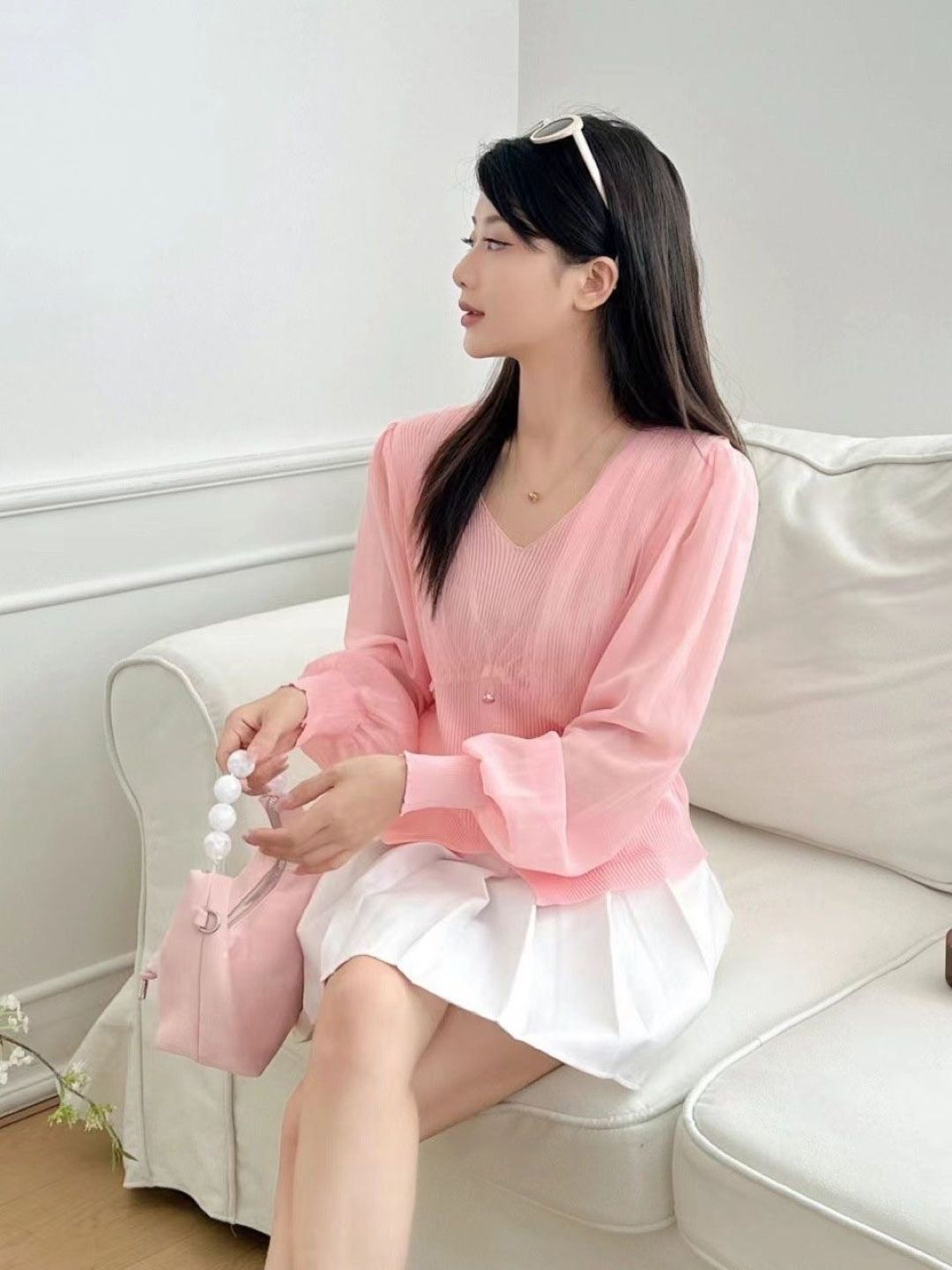 

KPOP Women Self Design Long Sleeves Regular Top, Pink