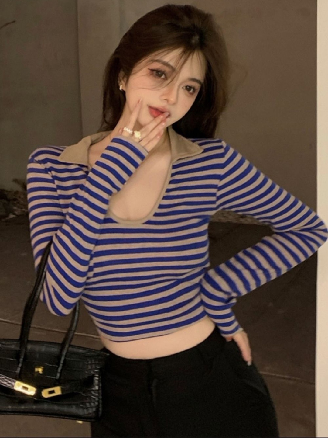 

HERE&NOW Womens Polyester V-Neck Long Sleeves Striped Crop Top, Purple