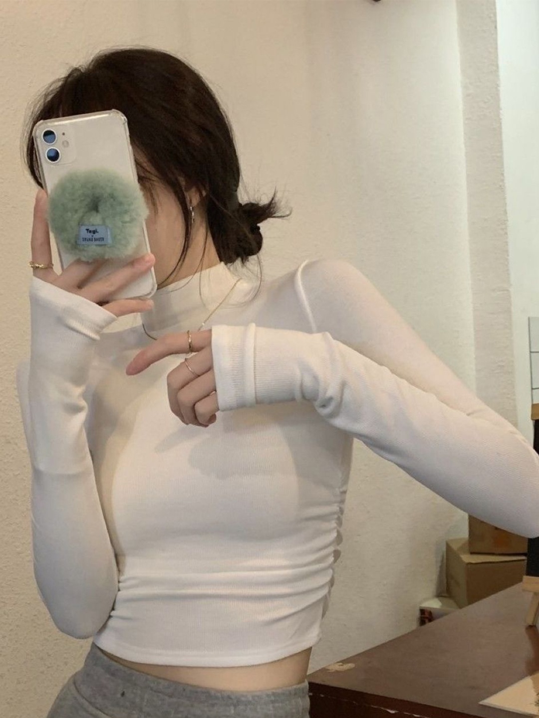 

HERE&NOW Women Mandarin Collar Extended Sleeves Crop Top, White