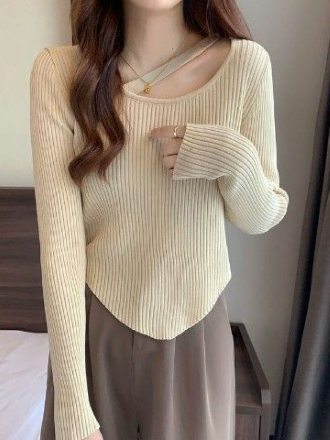 

HERE&NOW Women Round Neck Extended Sleeves Top, Khaki