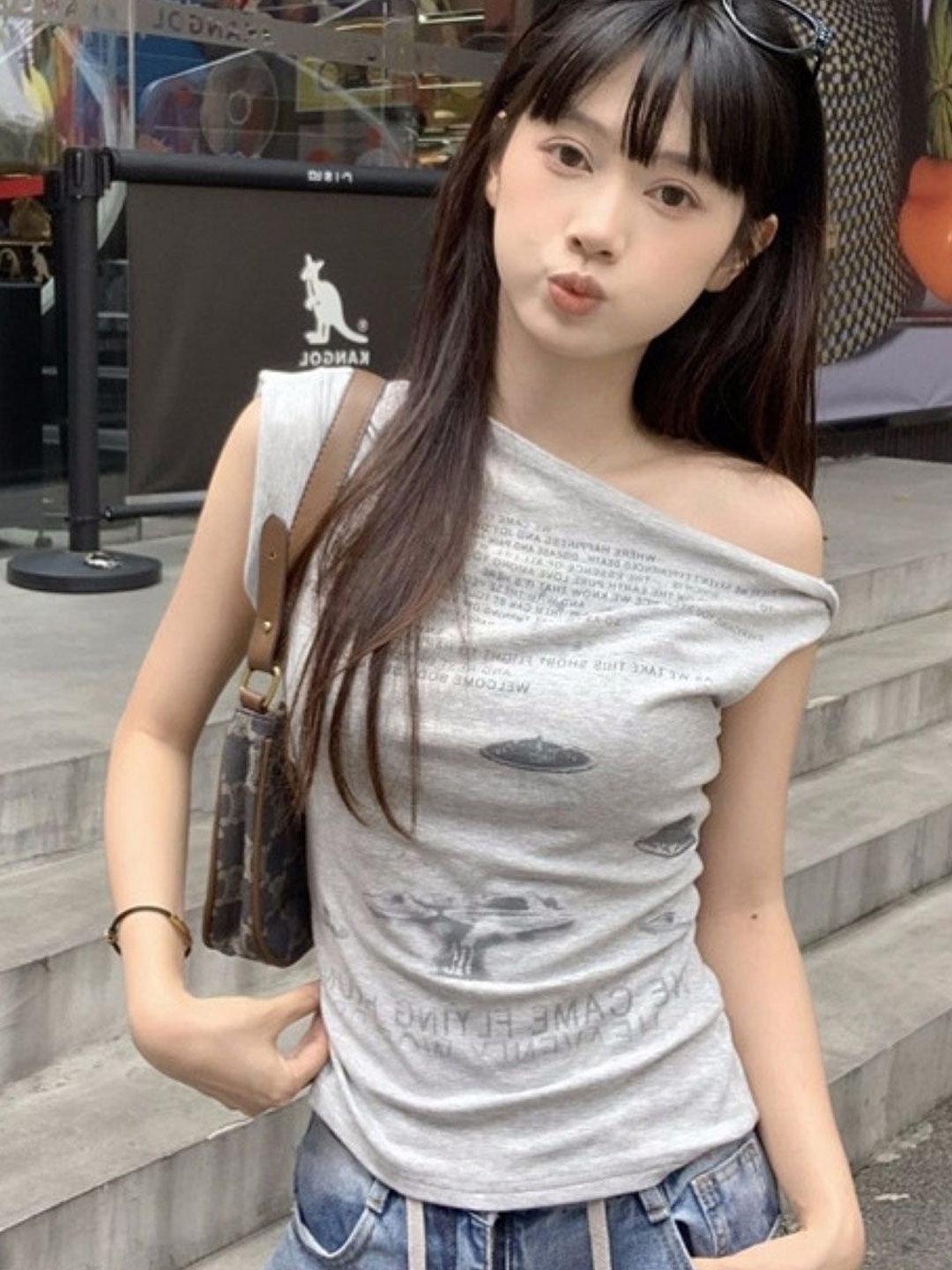 

KPOP Women Pure Cotton One Shoulder Typography Printed Top, Grey