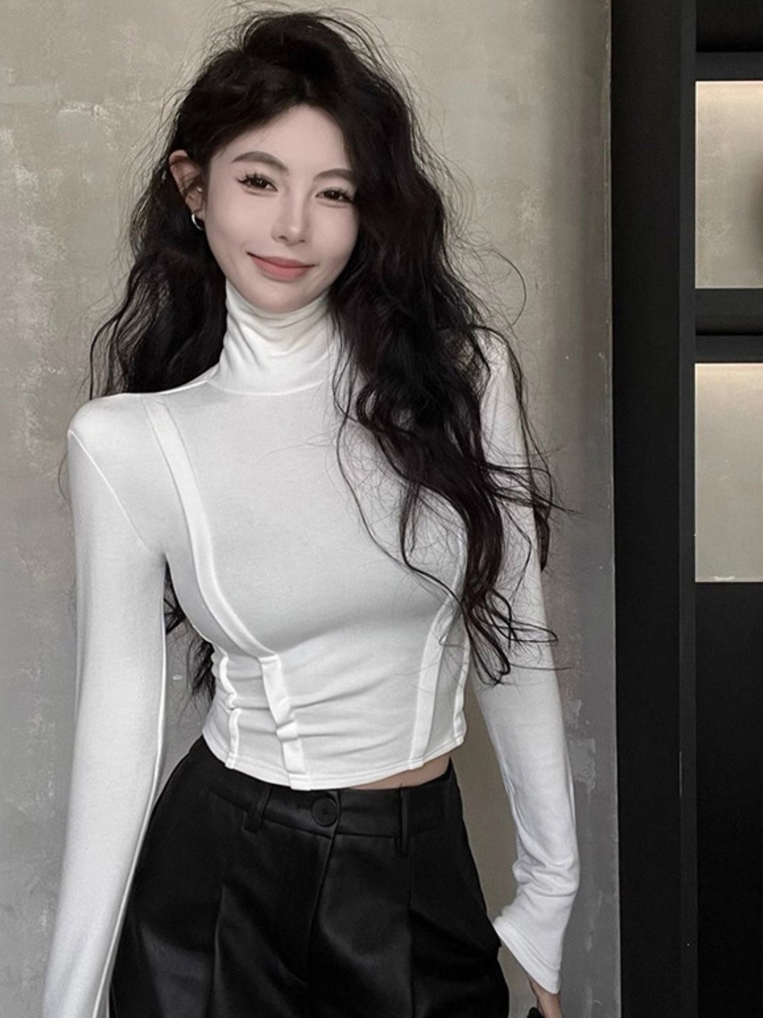 

HERE&NOW Women High Neck Extended Sleeves Fitted Crop Top, White