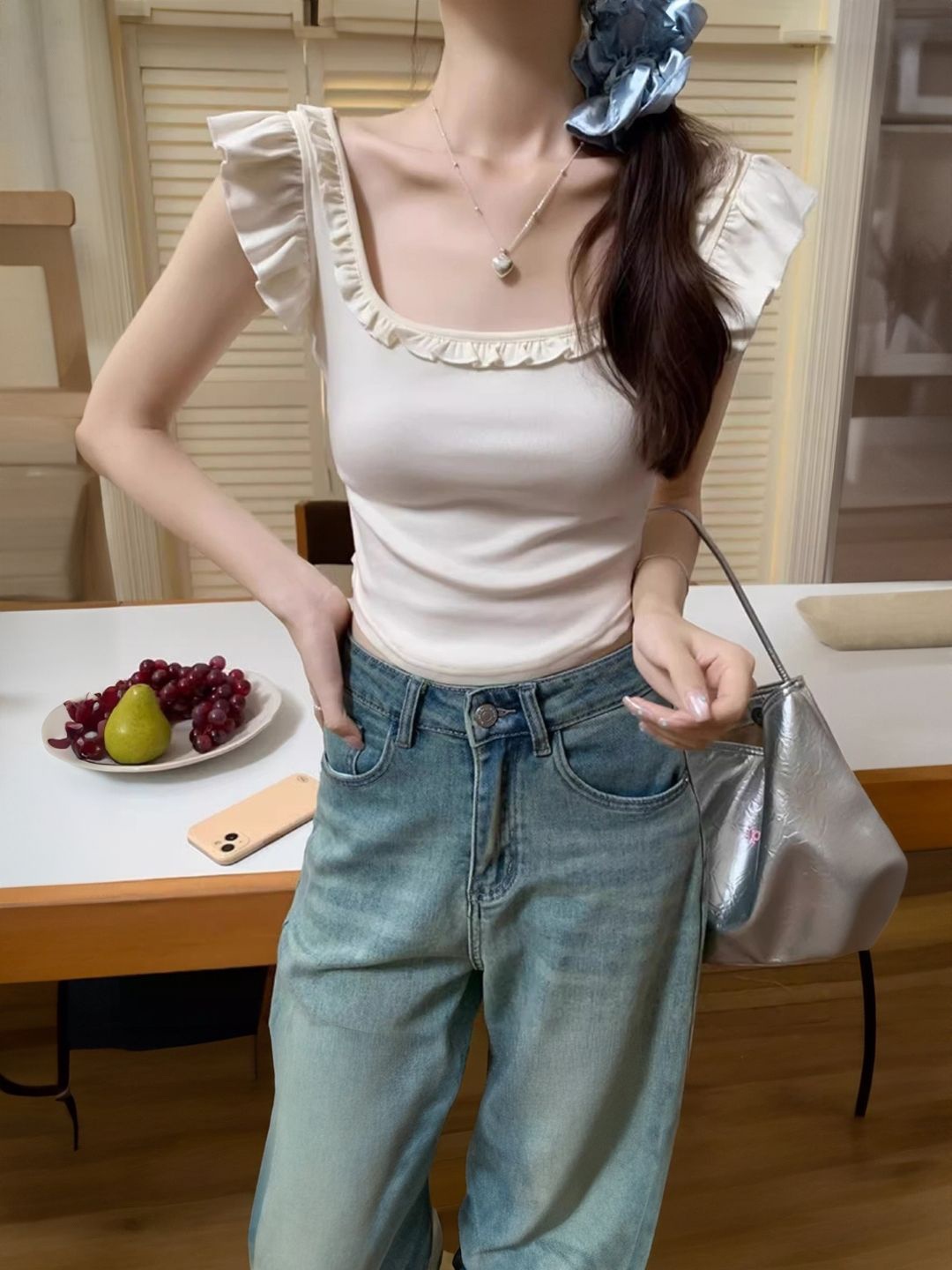 

KPOP Women Ruffles Scoop Neck Flutter Sleeves Fitted Crop Top, Cream