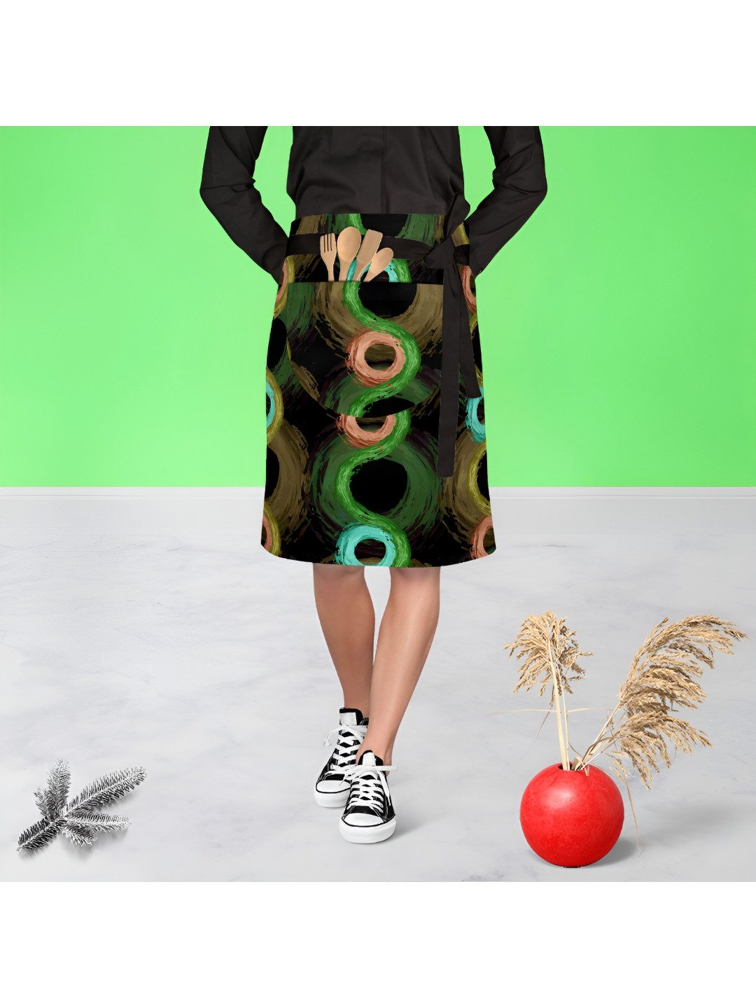 

ArtzFolio Fluffy Circles D2 Green & Black Printed Waist To Knee Apron
