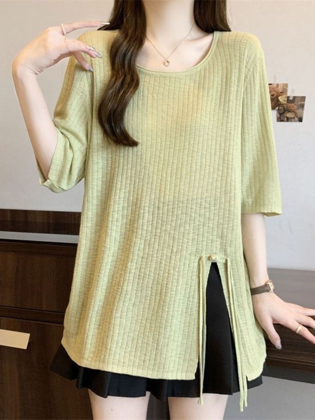 

KPOP Women Round Neck Regular Sleeves Top, Green