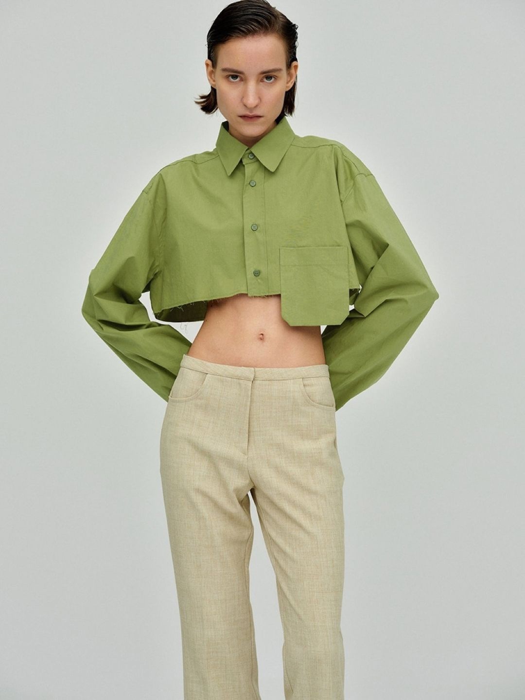 

StyleCast Women Cuffed Sleeve Shirt Style Crop Top With Pocket Detailing, Green