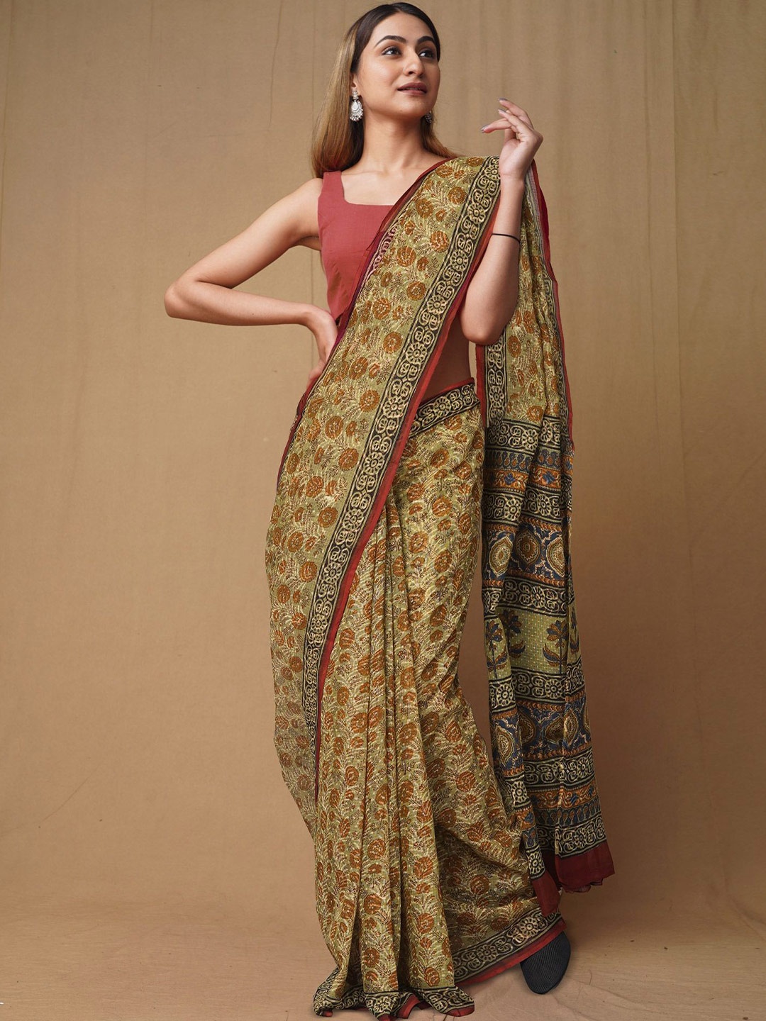 

Unnati Silks Bagh Printed Pure Cotton Handloom Kota Saree, Green