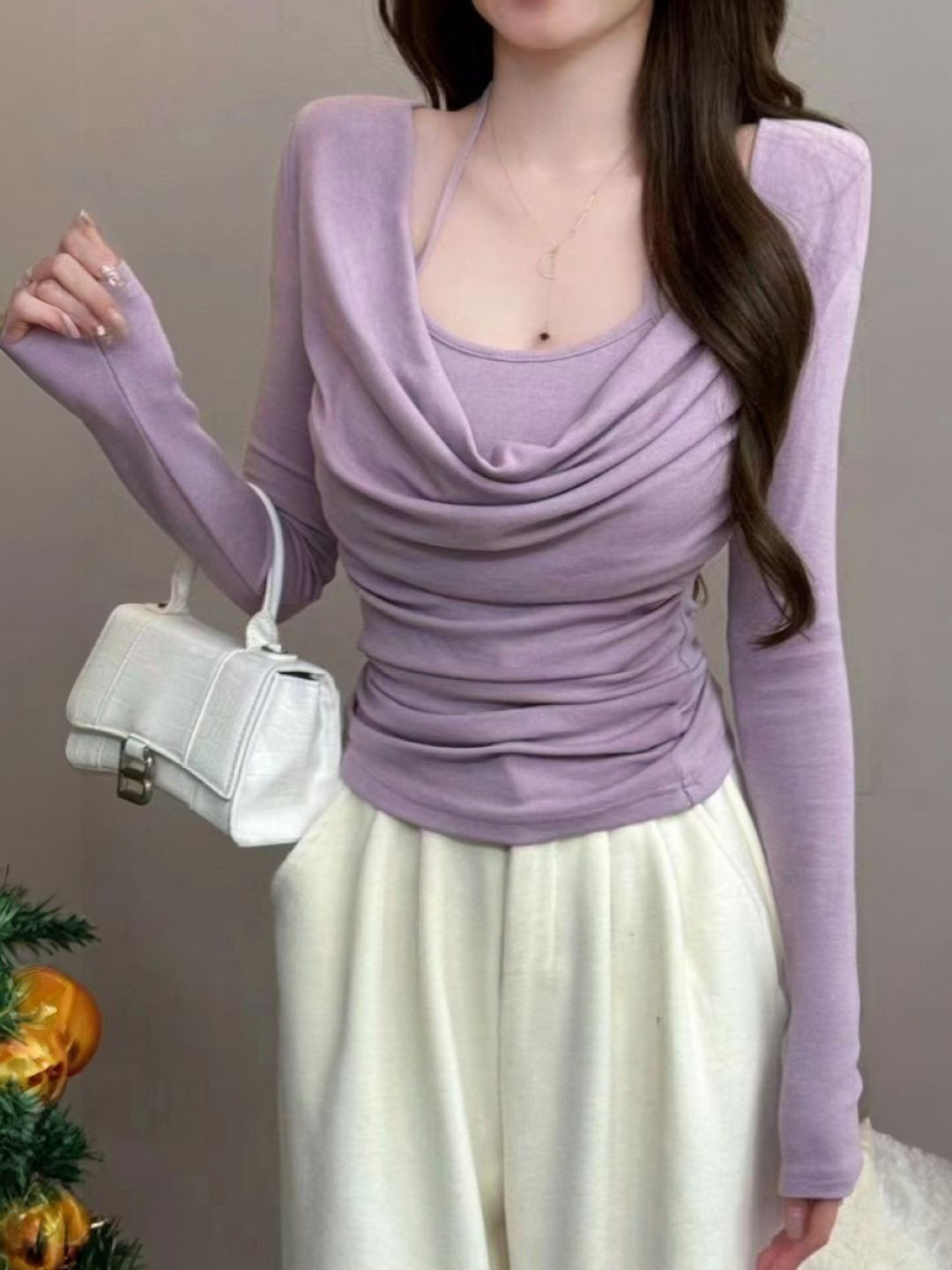 

HERE&NOW Women V-Neck Extended Sleeves Top, Purple