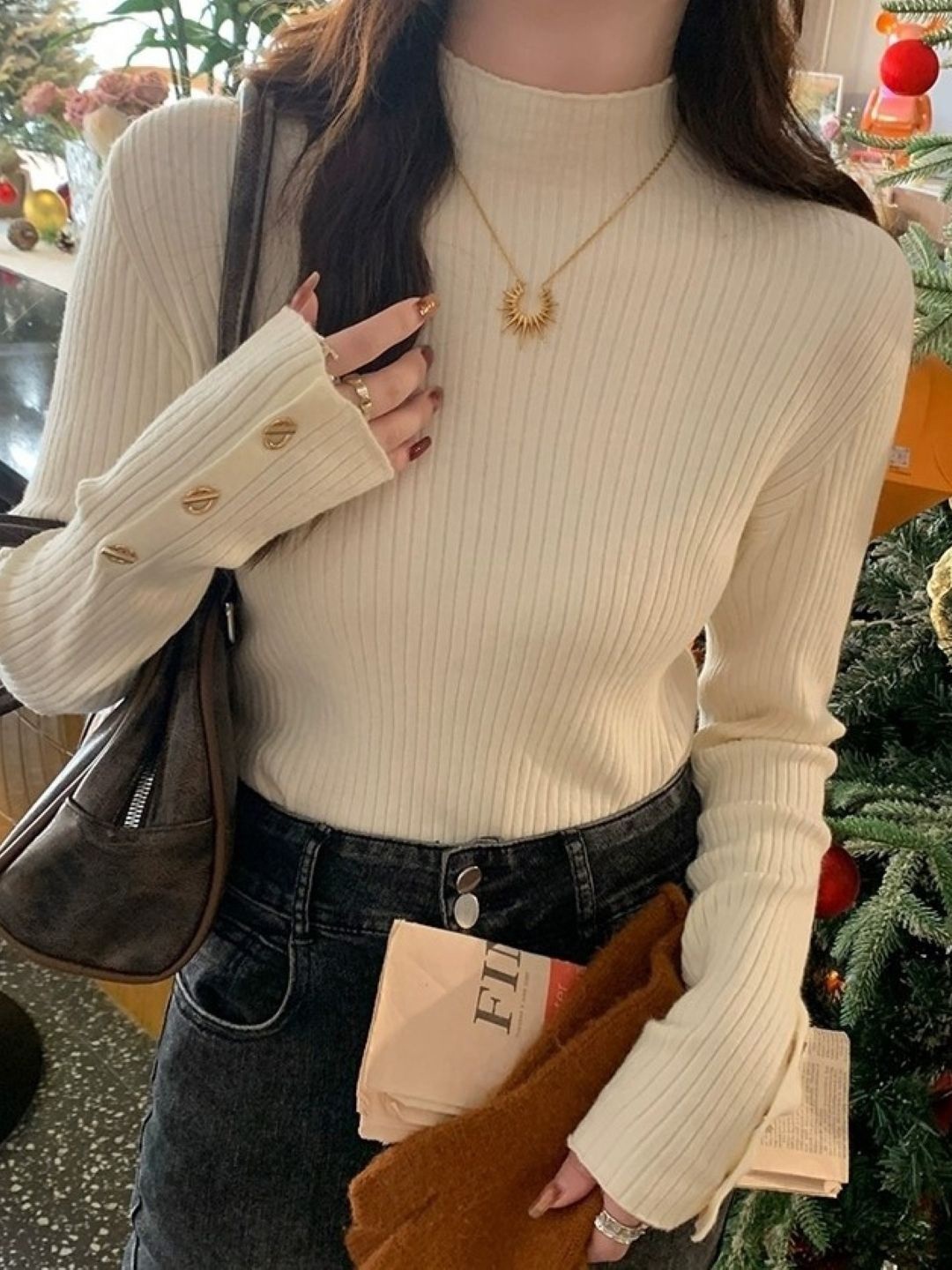 

HERE&NOW Women Mandarin Collar Extended Sleeves Top, Beige