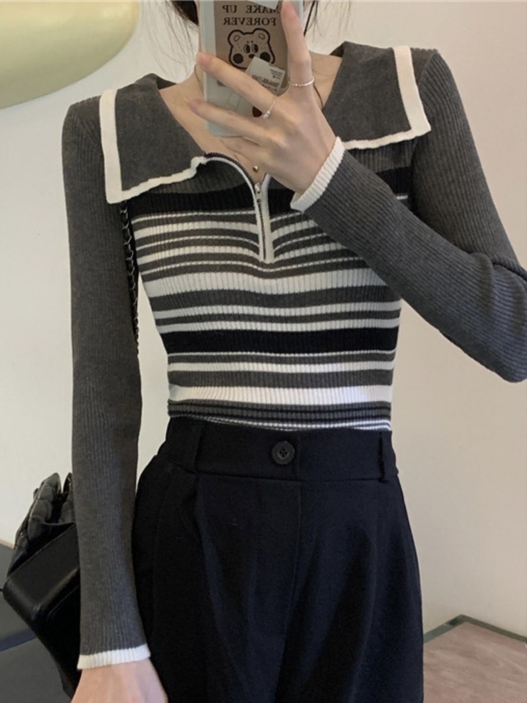 

HERE&NOW Women Striped Cotton Top, Grey