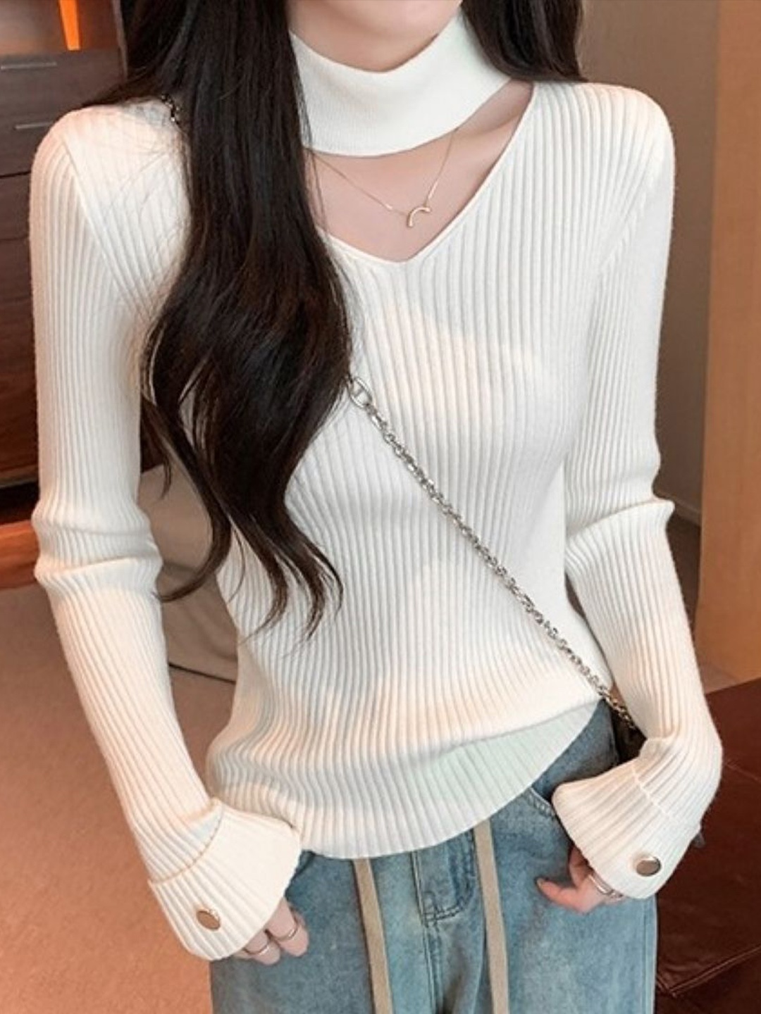 

HERE&NOW Women Striped V-neck Extended Sleeves Top, White