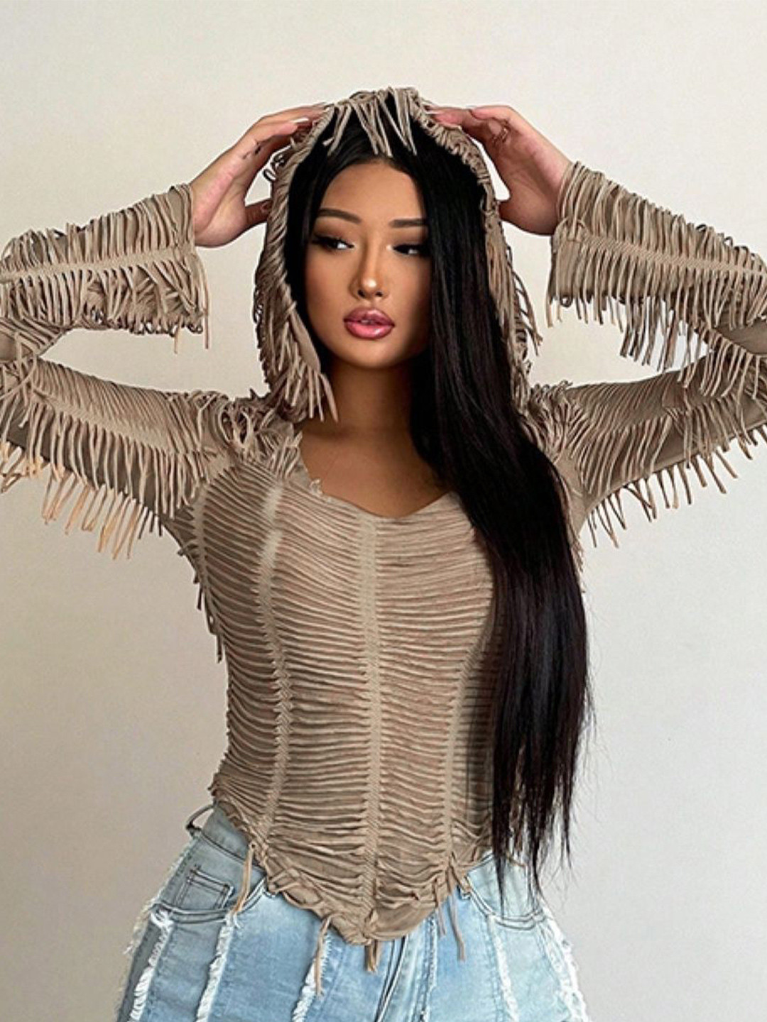 

KPOP Women Long Sleeves Hooded Top, Brown