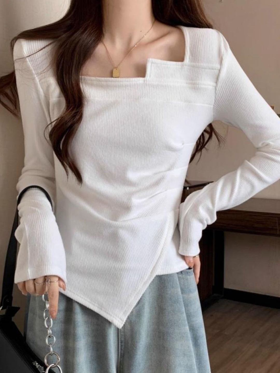 

HERE&NOW Women Square Neck Long Sleeves Top, White