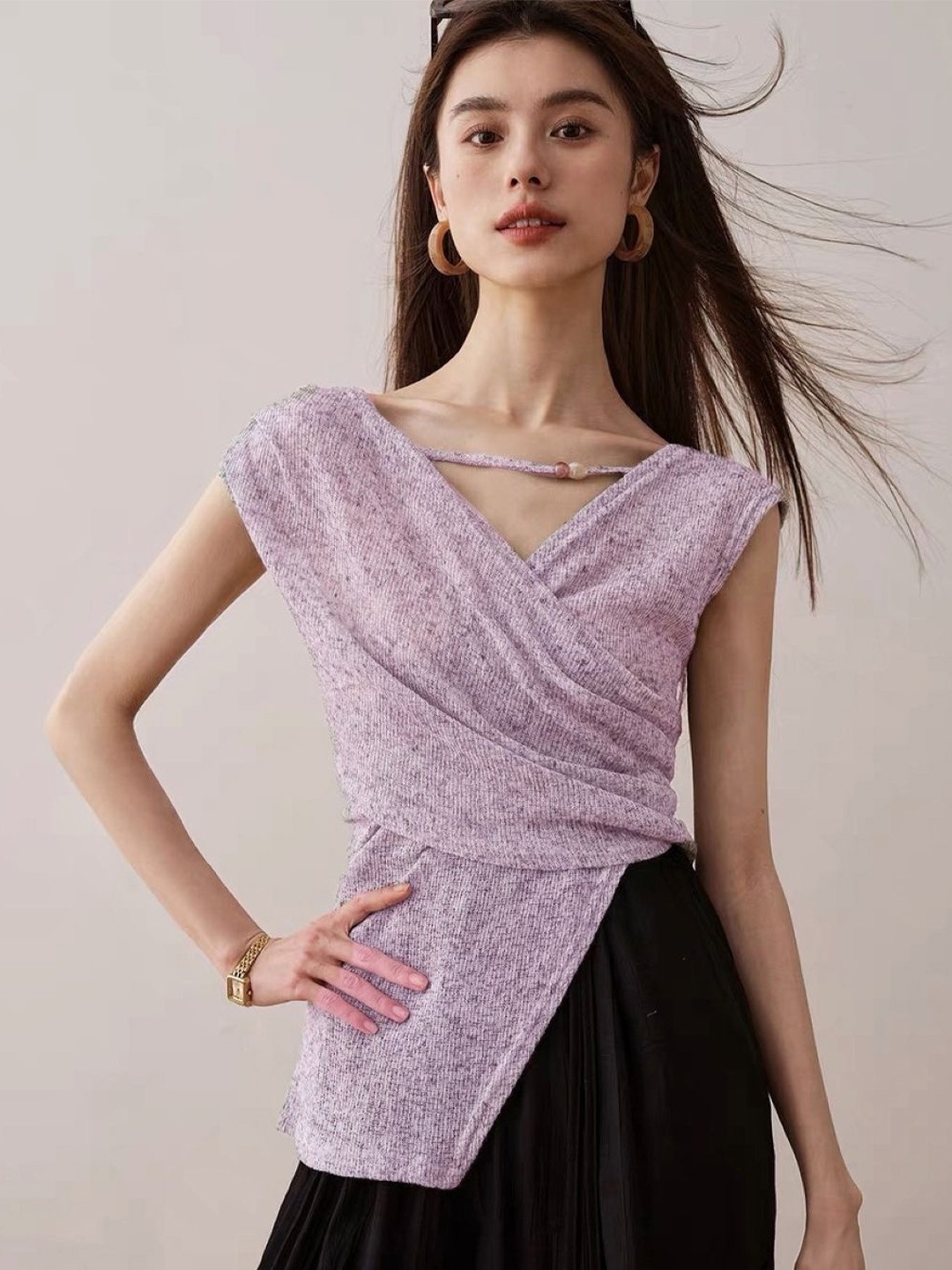 

KPOP Women V-Neck Sleeveless Top, Purple
