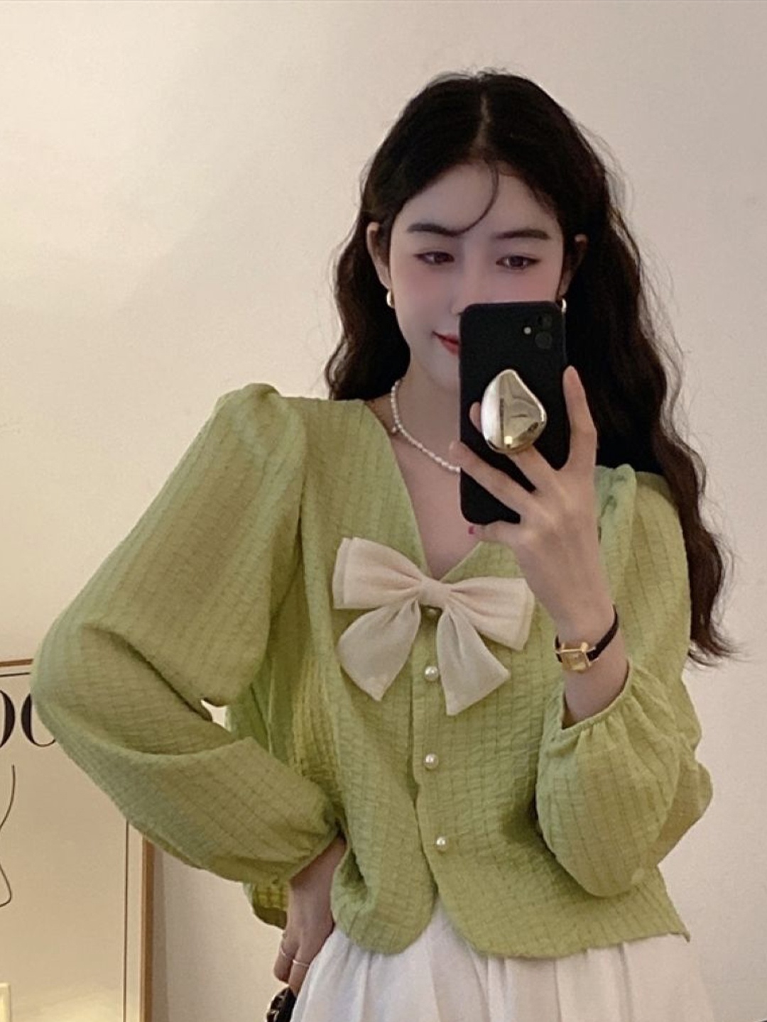 

KPOP Women V-Neck Puff Sleeve Top, Green