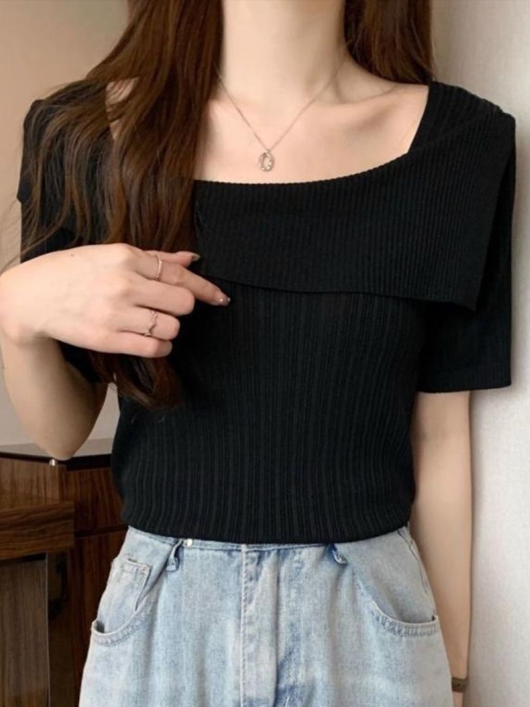 

KPOP Women Striped Square Neck Short Sleeves Top, Black