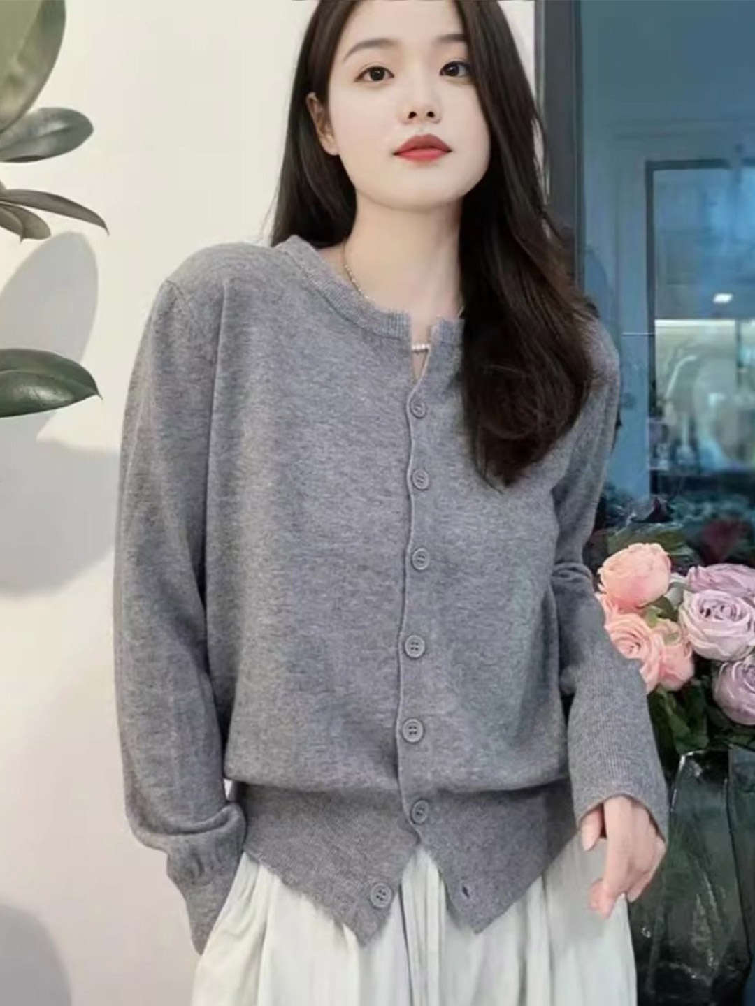 

HERE&NOW Women Round Neck Extended Sleeves Top, Grey