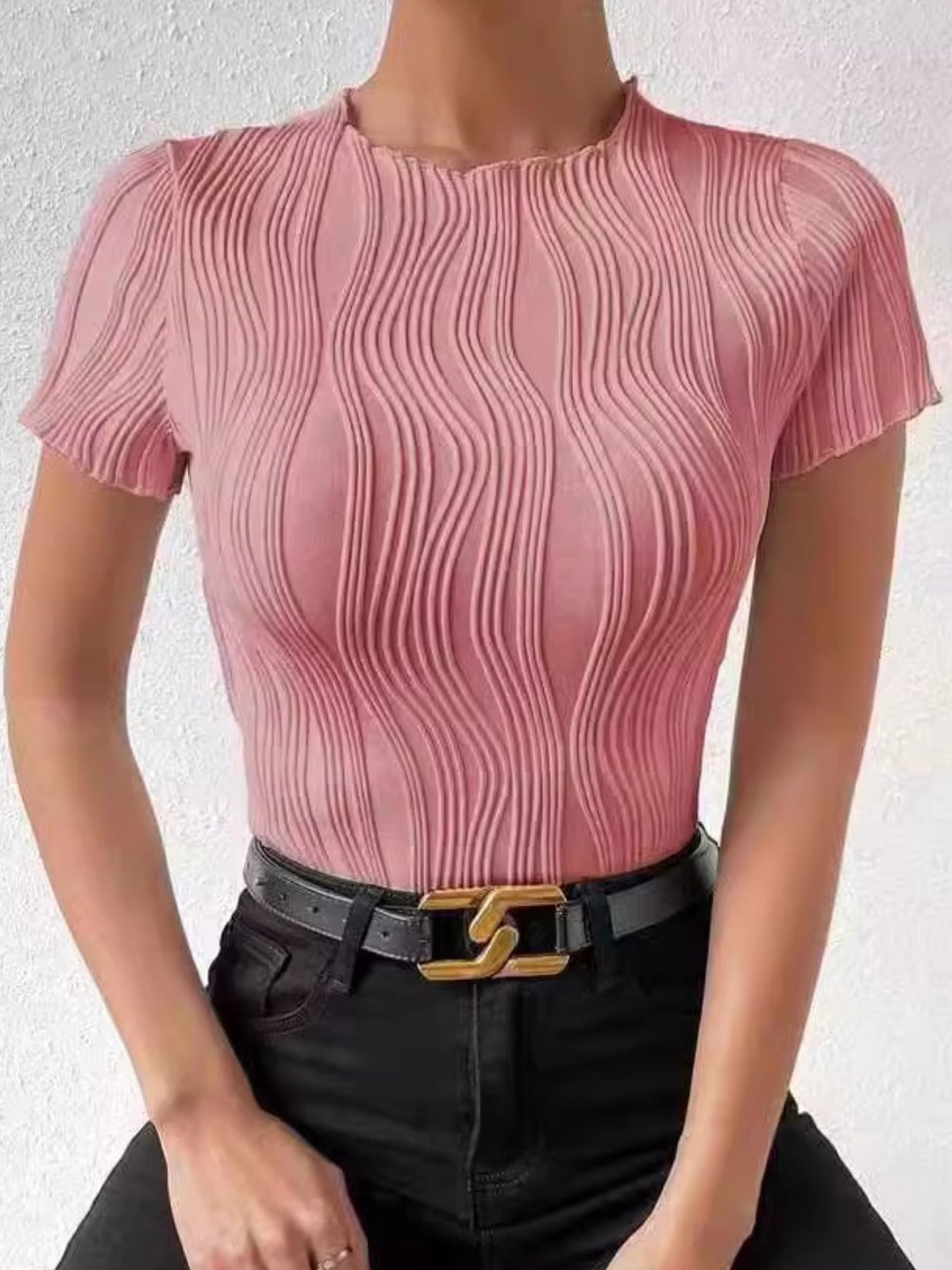 

KPOP Women Solid Self Design Round Neck Top, Pink