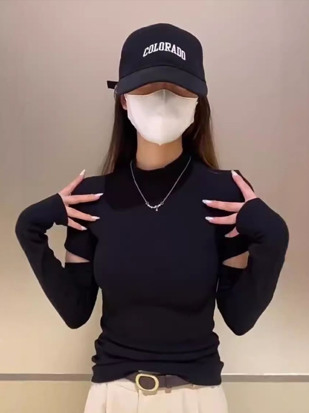 

HERE&NOW Women Mandarin Collar Extended Sleeves Top, Black