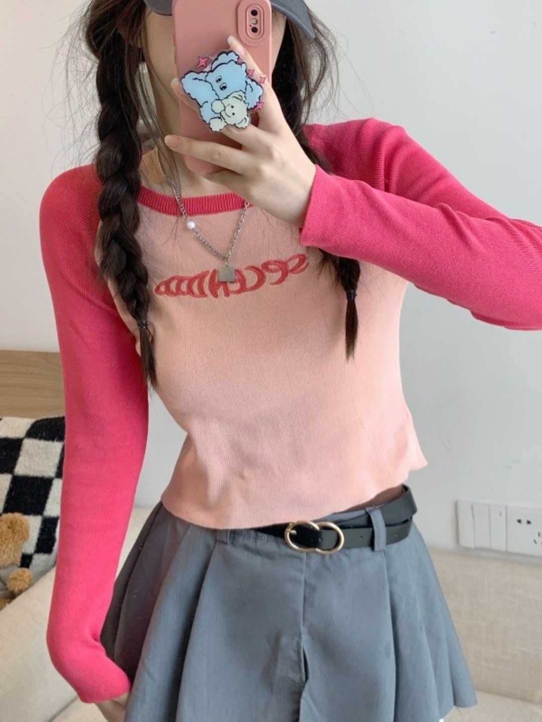 

HERE&NOW Women typography Print Round Neck Long Sleeves Top, Pink
