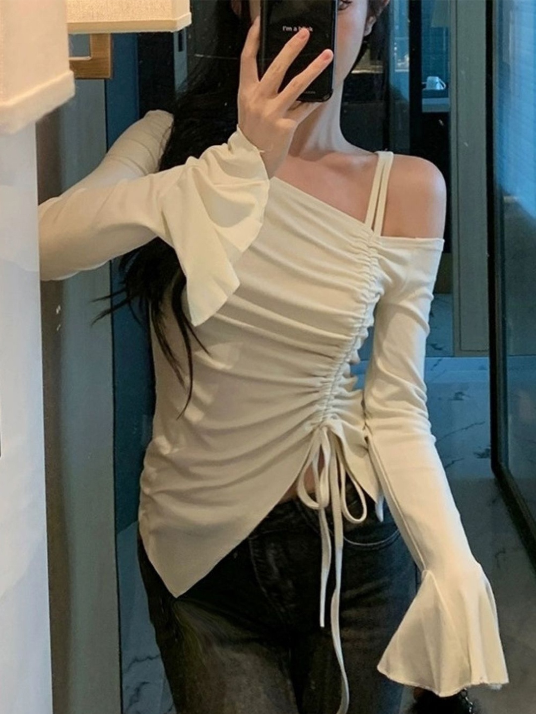 

HERE&NOW Women One Shoulder Bell Sleeve Top, Cream