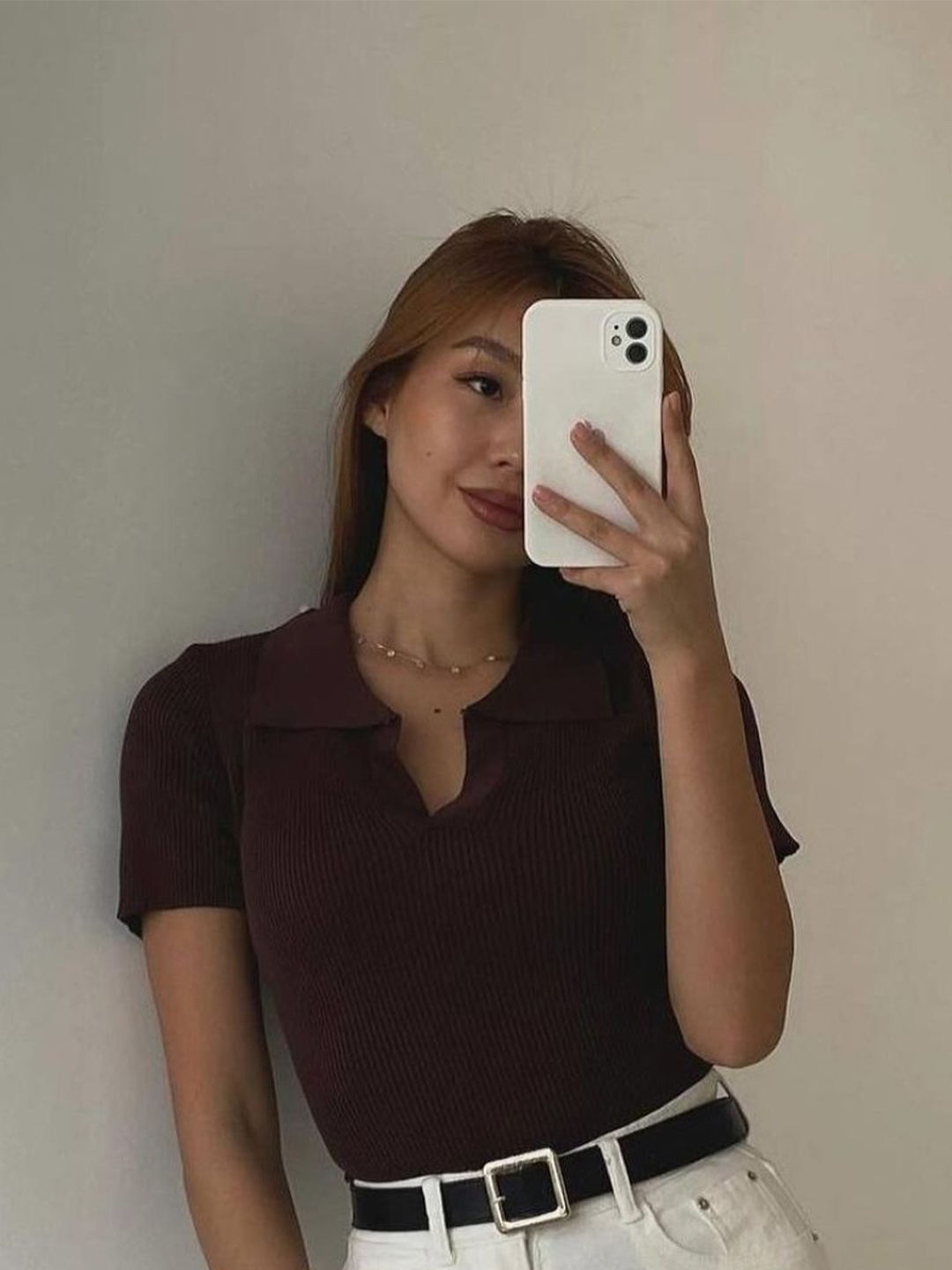 

HERE&NOW Women Shirt Collar Short Sleeves Top, Brown