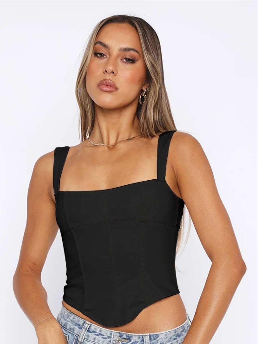 

KPOP Women Square Neck Sleeveless Crop Top, Black