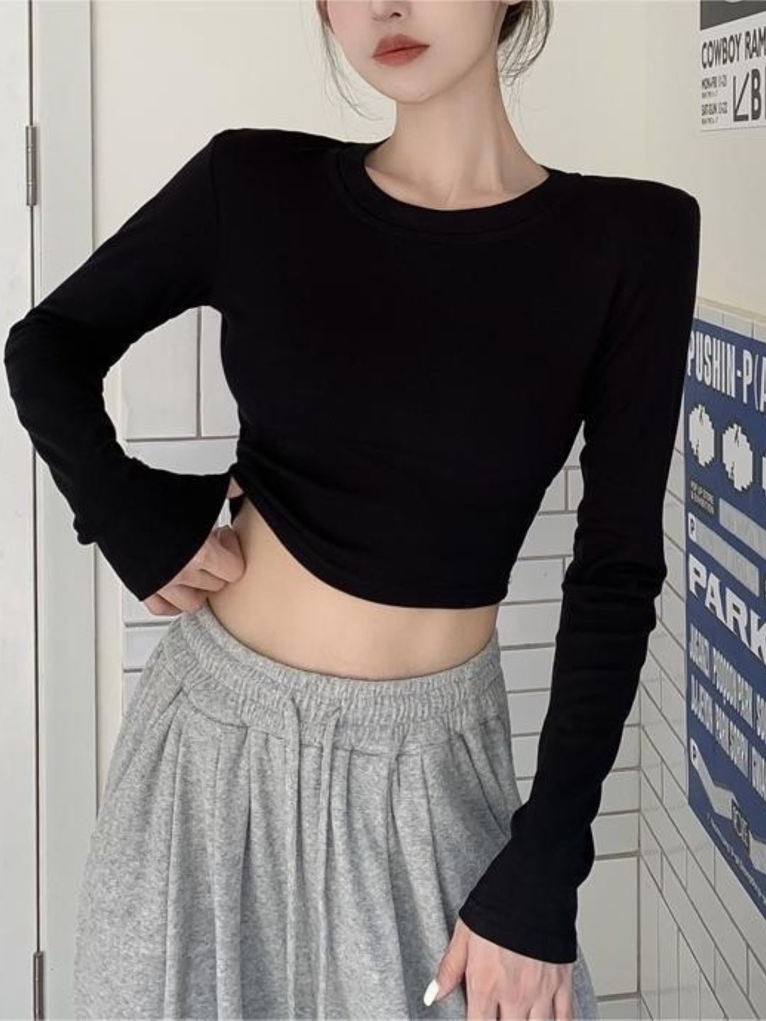 

HERE&NOW Women Round Neck Extended Sleeves Crop Top, Black