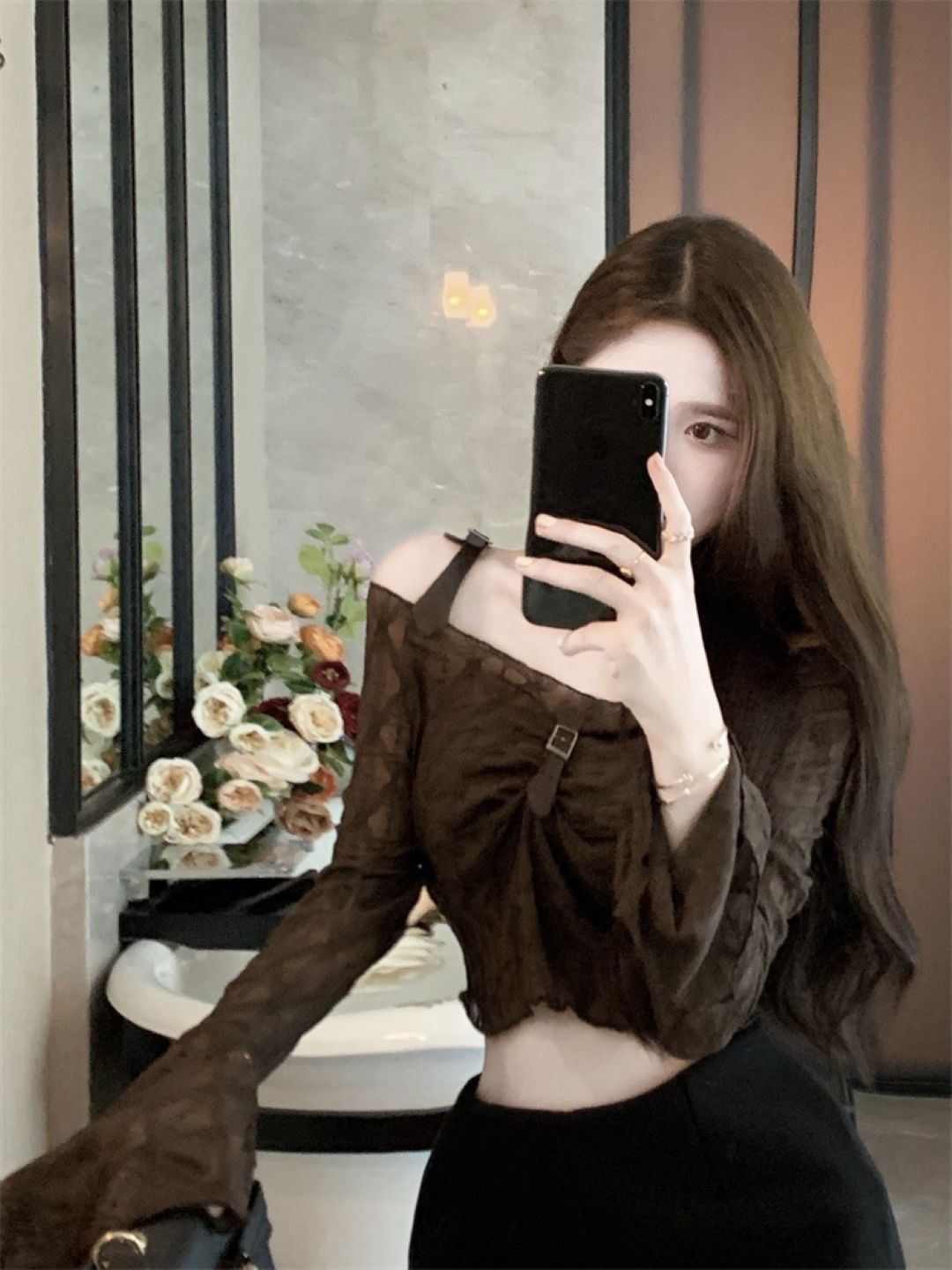 

HERE&NOW Women Off-Shoulder Extended Sleeves Solid Crop Top, Brown