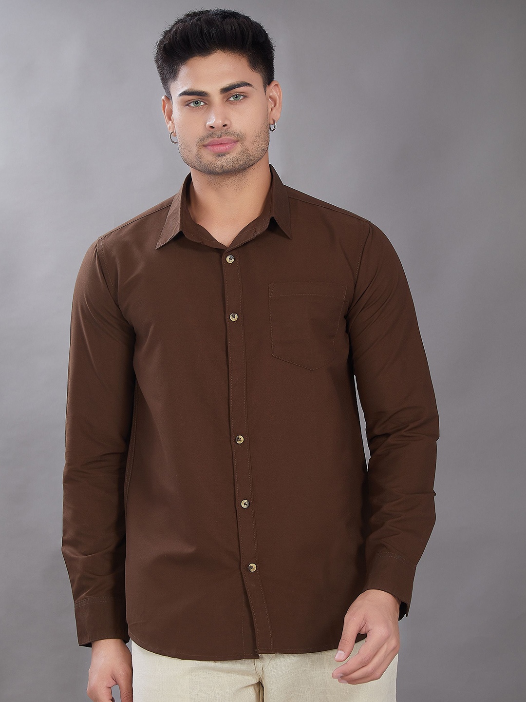 

DIVISIVE Men Club Spread Collar Solid Cotton Slim Fit Casual Shirt, Brown