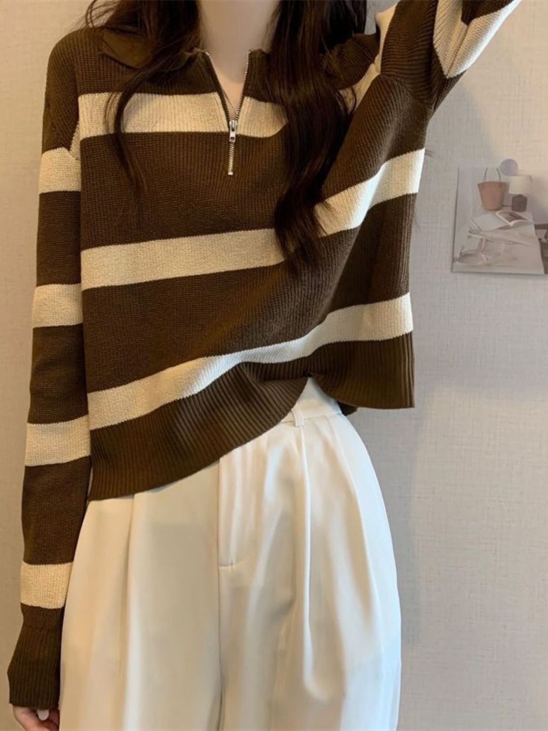 

HERE&NOW Cotton Colourblocked Shirt Collar Extended Sleeves Top, Brown